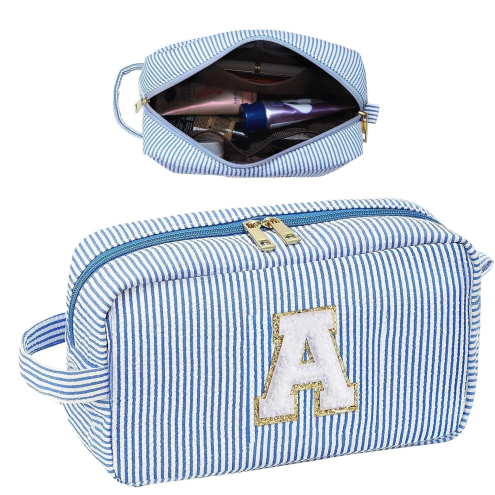 (Blue) Stripe Makeup Bag - Travel Pouches for Toiletries - Cute Makeup Case, Girls Handbags Purses Storage Organizer for Friends