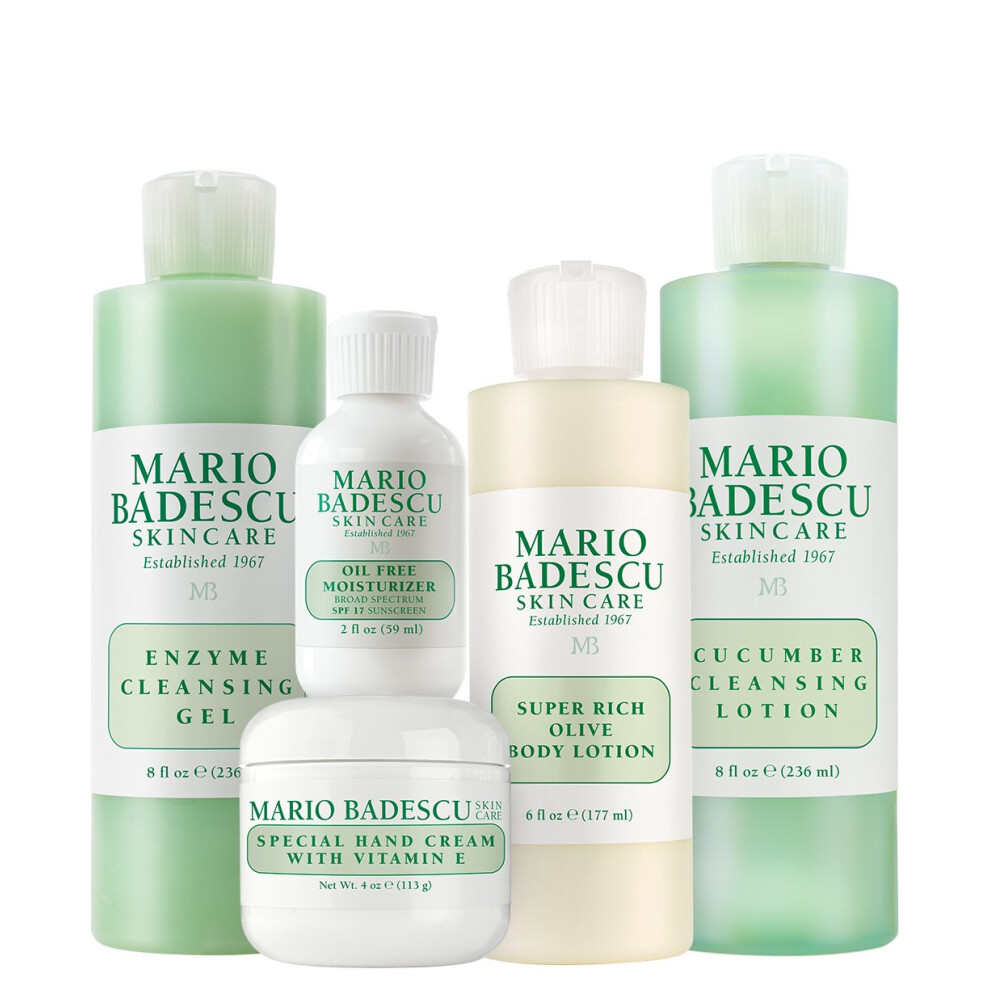 Mario Badescu MB Favorites Collection  Skin Care Gift Set Includes SPF 17 Moisturizer  Enzyme Cleansing Gel  Cucumber Cleansing Lotion  Hand Cream  Bo