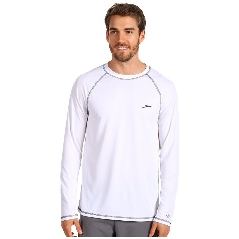 Speedo mens Uv Shirt Long Sleeve Loose Fit Easy Tee athletic technical swimsuits  White  Medium US