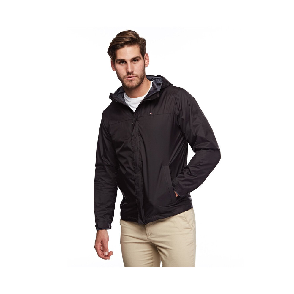 Tommy Hilfiger Mens Lightweight Breathable Waterproof Hooded Jacket Raincoat, Black, XX-Large Us