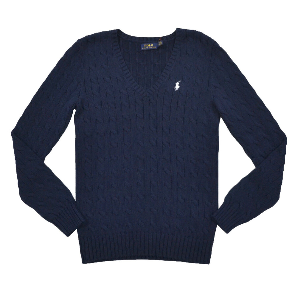 Polo Ralph Lauren Womens 100% Cotton Cable Knit V-Neck Sweater (Blue Navy  X-Large)