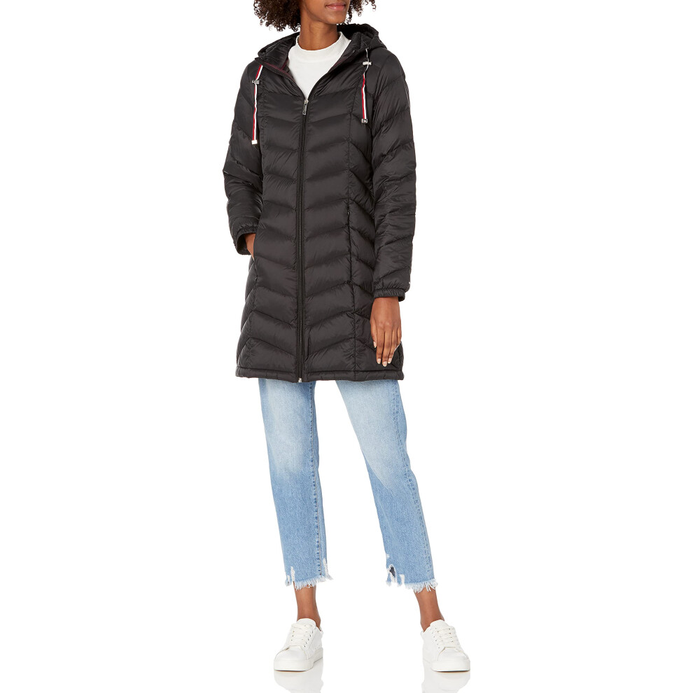 Tommy Hilfiger Women's Mid-Length Puffer Hooded Down Jacket with Drawstring Packing Bag  Black  X-Large