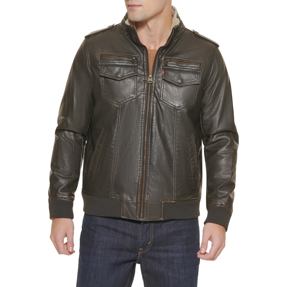 Levi's Men's Faux Leather Aviator Bomber Jacket (Regular & Big & Tall Sizes)  Dark Brown/Sherpa Lined  XXX