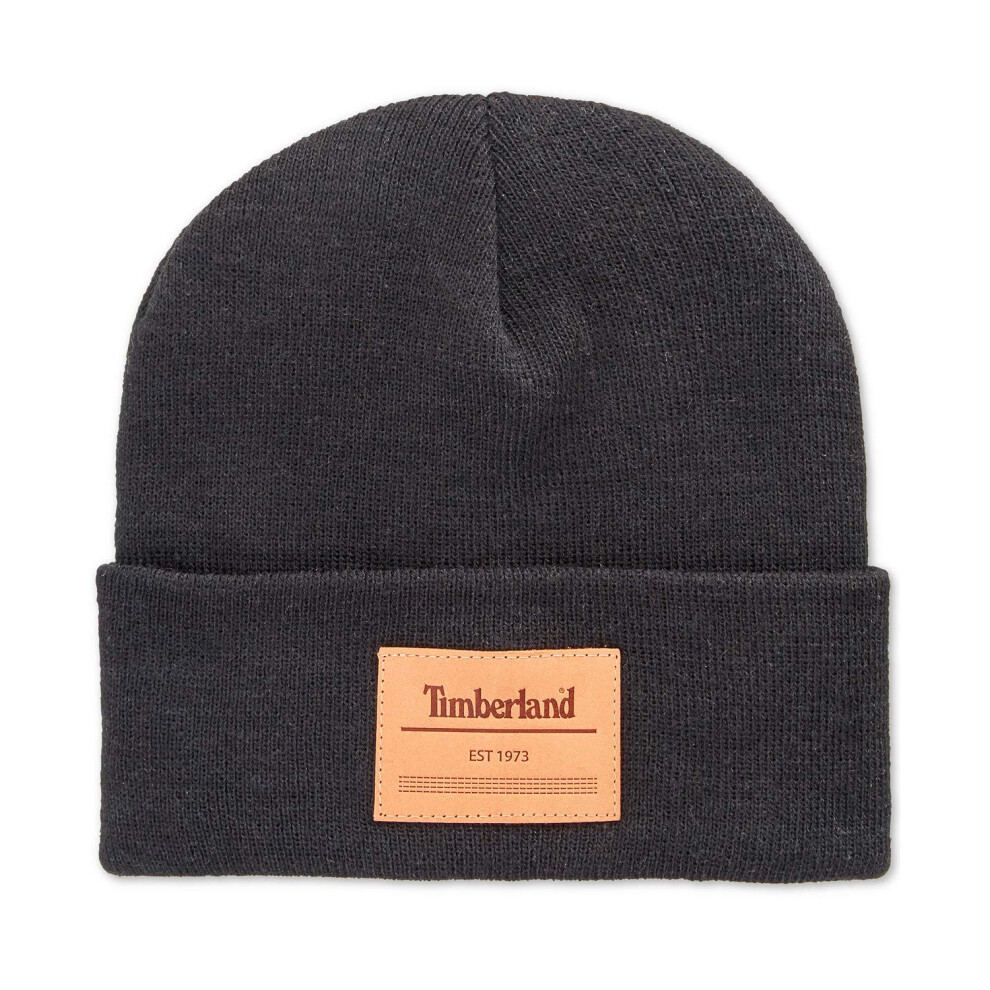 Timberland Men's Cuff Beanie with Leather Logo Patch  Dark Grey  One Size