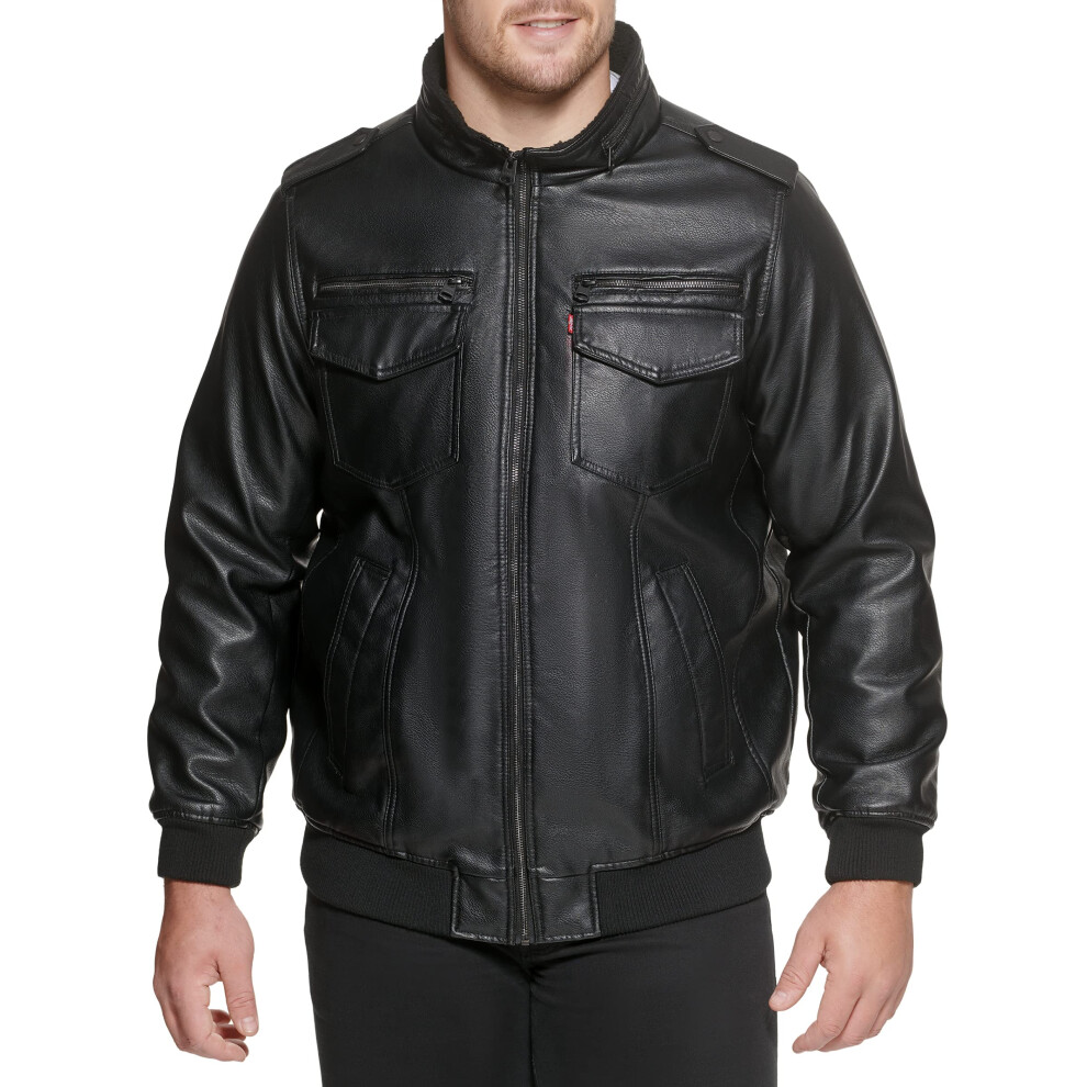 Levi's Men's Faux Leather Aviator Bomber Jacket (Regular Tall Sizes)  Black/Sherpa Lined  5X Big