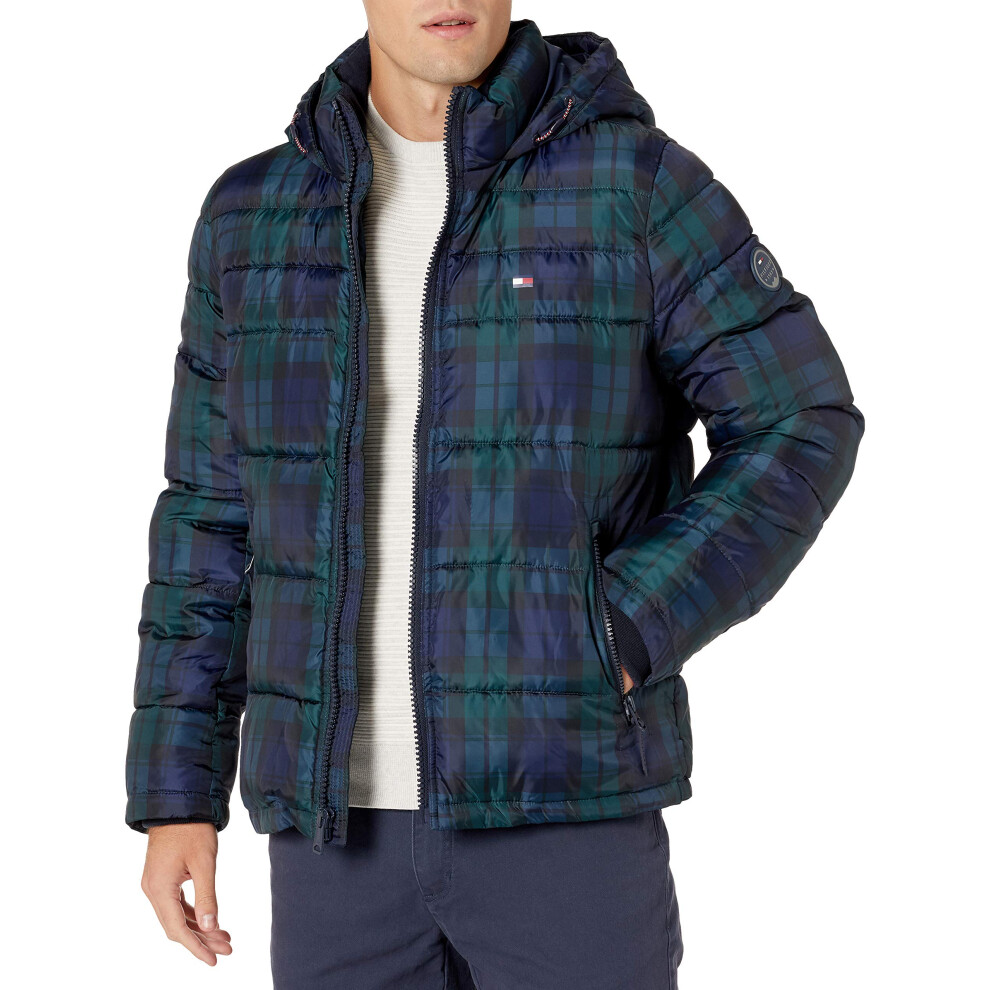 Tommy Hilfiger Mens Hooded Puffer Jacket  Black Watch Plaid  Medium