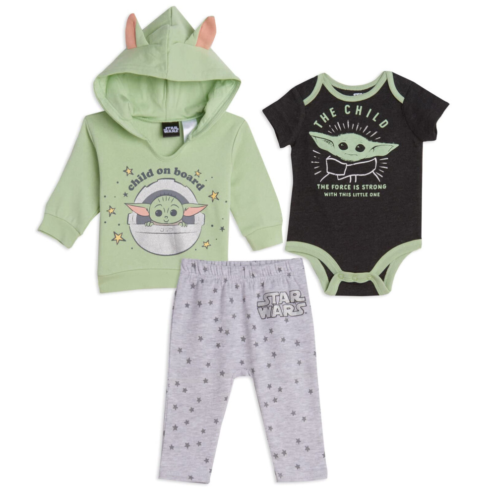 STAR WARS The Child Infant Baby Boys Fleece Hoodie Short Sleeve Bodysuit and Pants 3 Piece Baby Outfit Set Grey/Green 12 Months