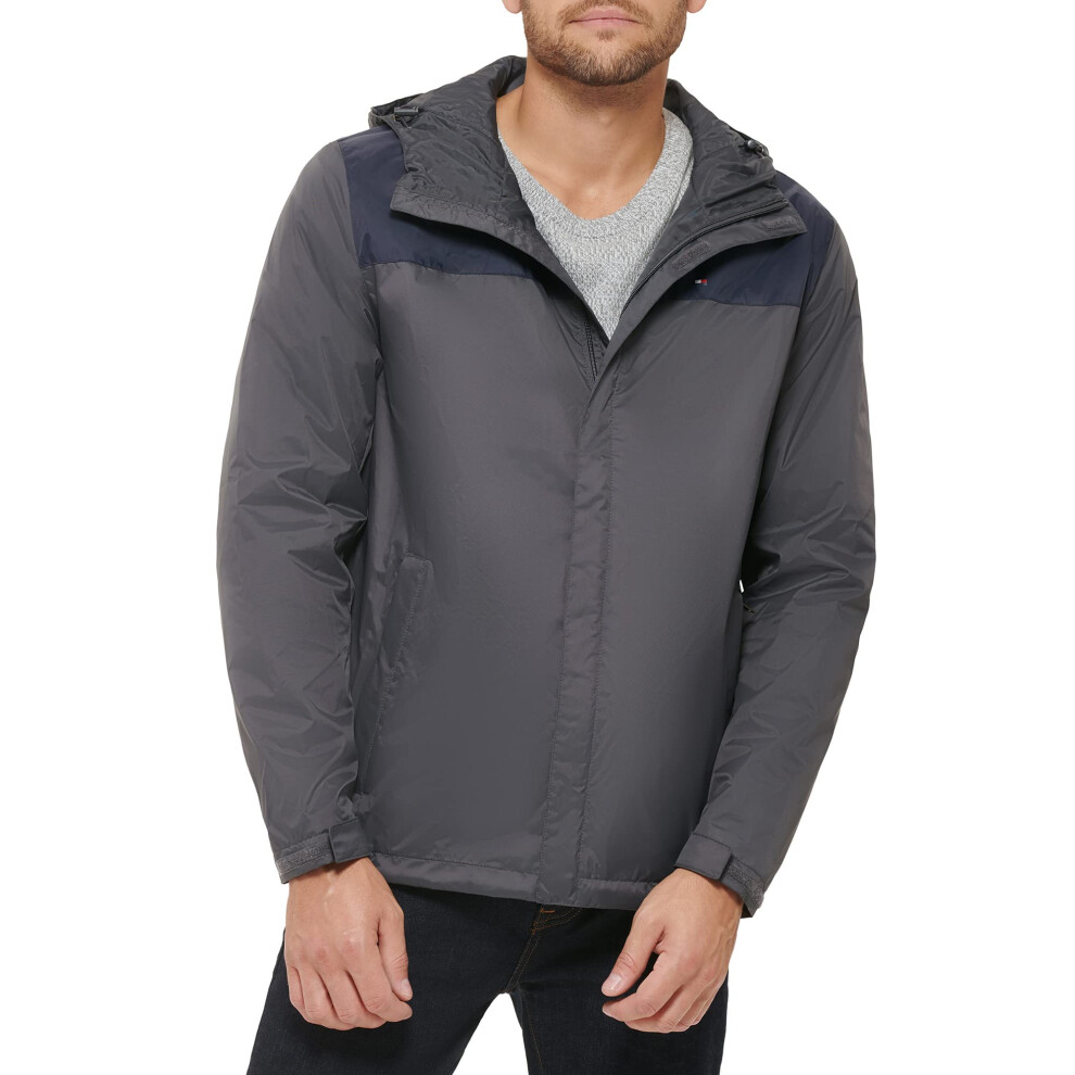 Tommy Hilfiger Mens Lightweight Breathable Waterproof Hooded Jacket Raincoat  Navy/Charcoal  X-Small US