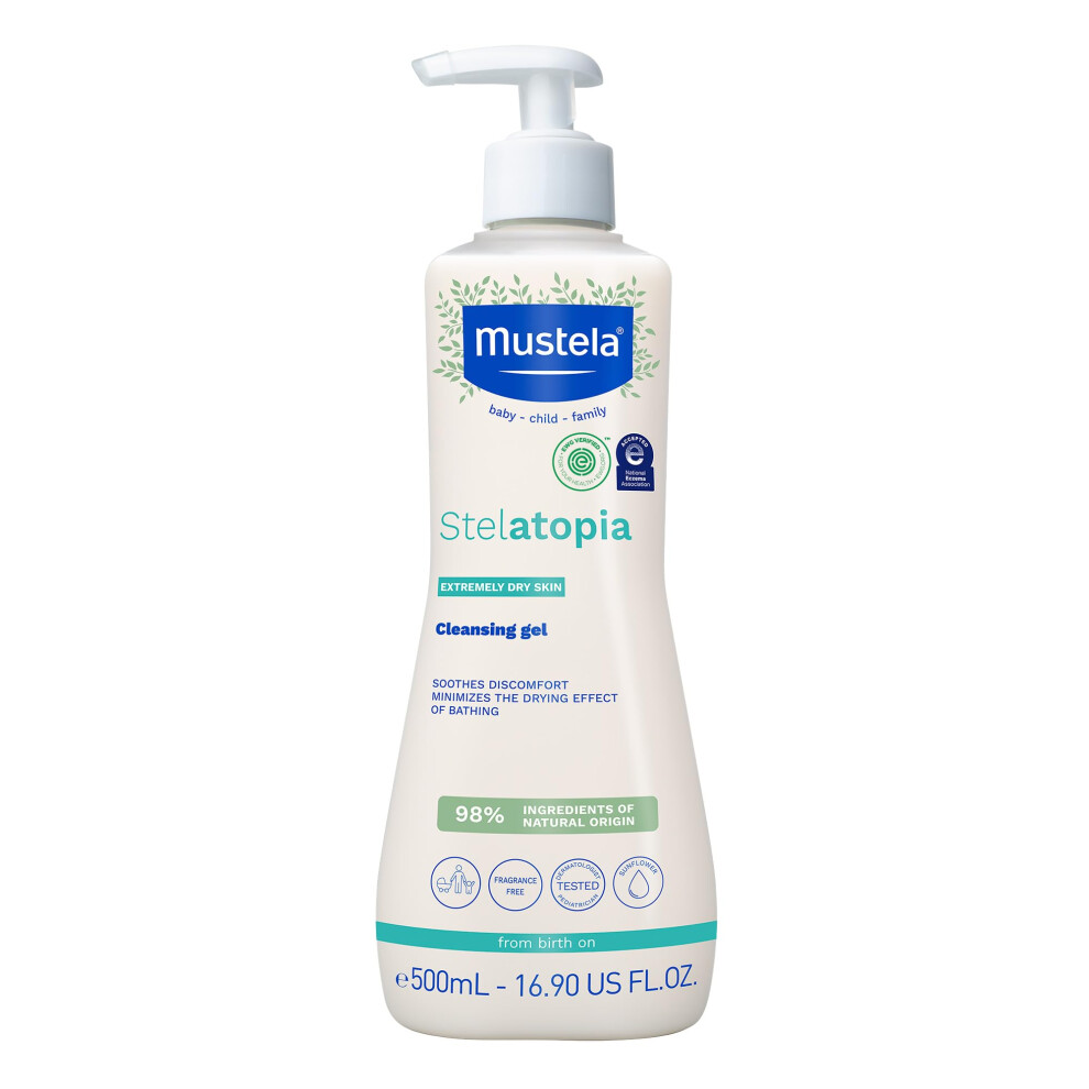 Mustela Stelatopia Eczema-Prone Skin Cleansing Gel - Baby Face & Body Wash with Natural Avocado & Sunflower Oil - Fragrance-Free & Tear Free - 16.9 fl
