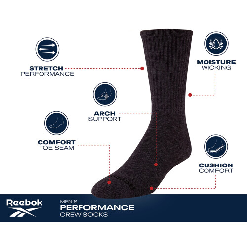 Reebok Reebok Ανδρικές Κάλτσες Αθλητικής Απόδοσης (5 Τεμάχια), Μέγεθος 6-12.5, Κλασικό Μαύρο 2