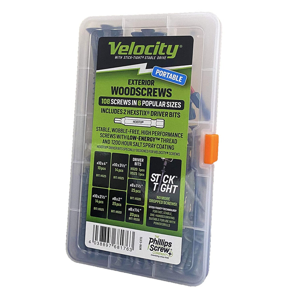Velocity Portable Exterior Wood Screw Assortment Kit - 108 Assorted Wood Screws in 6 Sizes Made with carbon Steel Includes 2 Hexstix Drive Bits