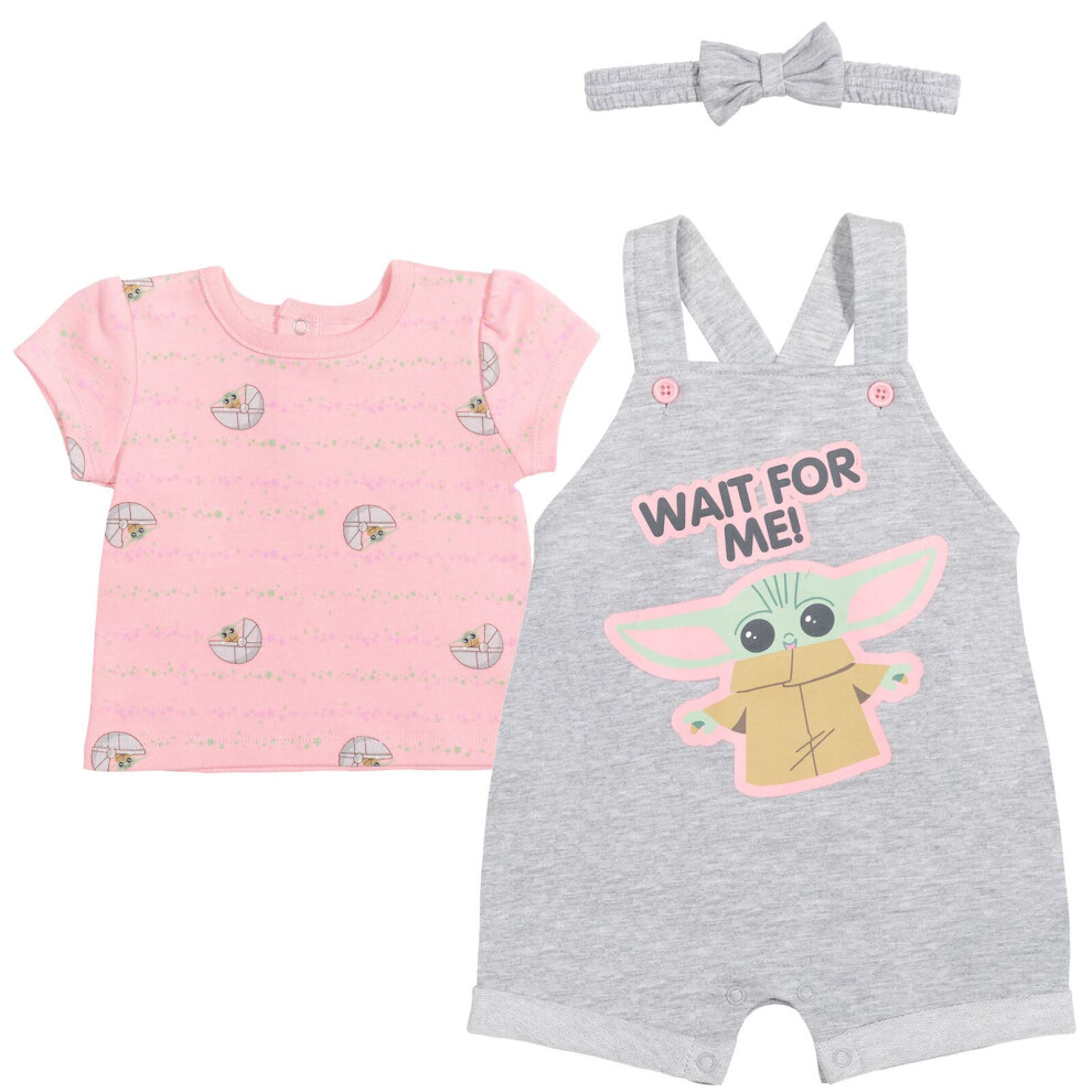 STAR WARS The Child Newborn Baby Girls French Terry Snap Short Overalls T-Shirt and Headband 3 Piece Outfit Set Light Gray 0-3 Months