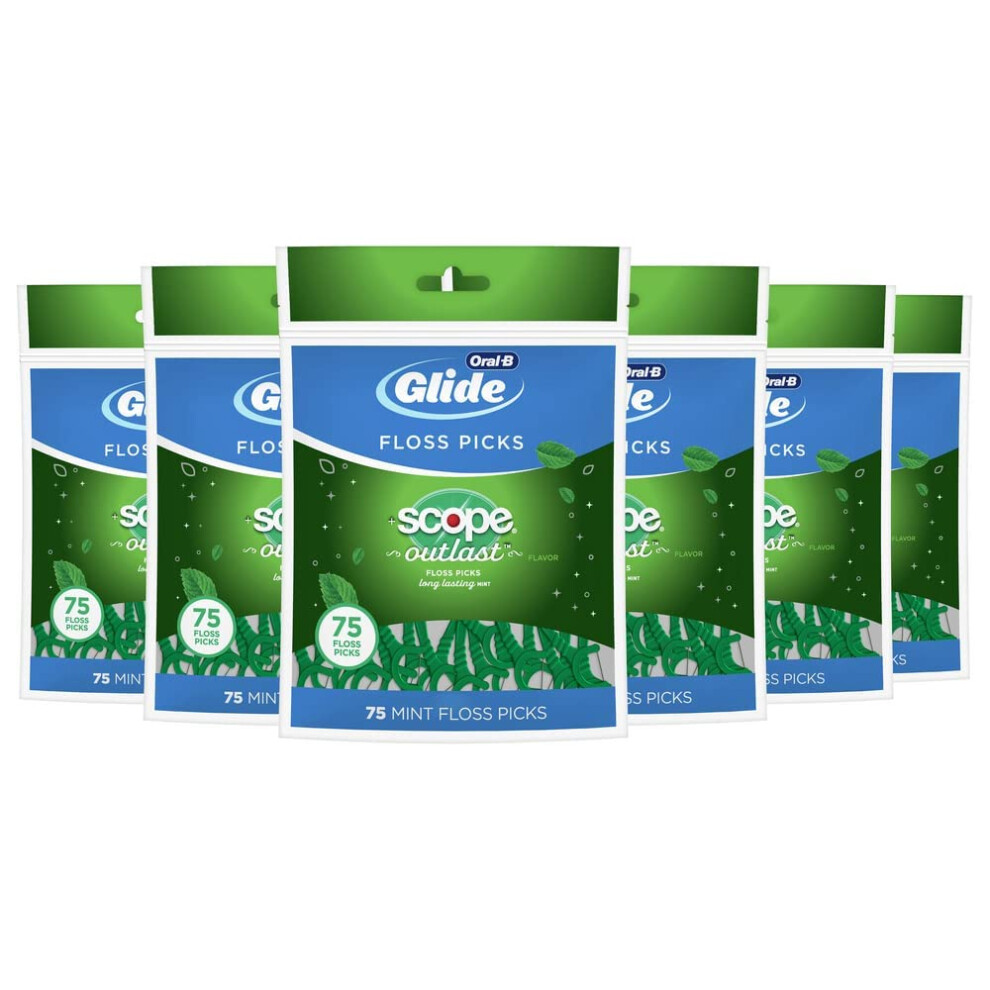 Oral B Glide Dental Floss Picks  Complete With Scope Outlast  Mint  75 Count  Pack Of 6