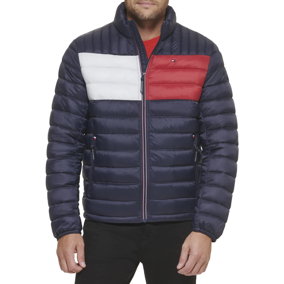 Tommy Hilfiger mens Ultra Loft Packable Puffer Jacket Down Alternative Coat  Tommy Flag Color Block  XX-Large Tall US