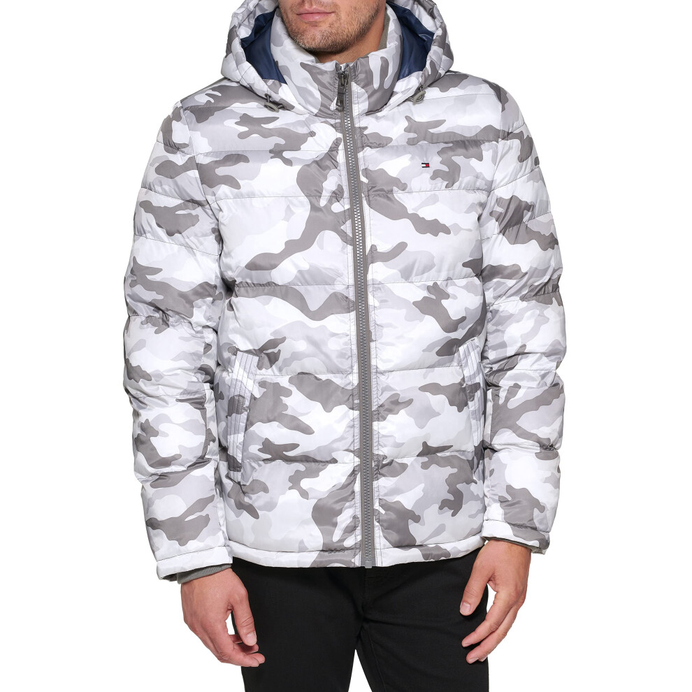 Tommy Hilfiger Men's Hooded Puffer Jacket  White Camouflage  Large