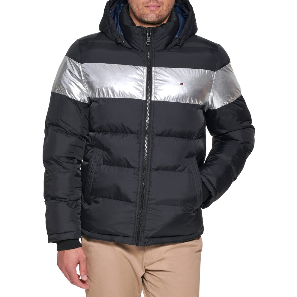 Tommy Hilfiger Men's Hooded Puffer Jacket  Black Silver Stripe  Small