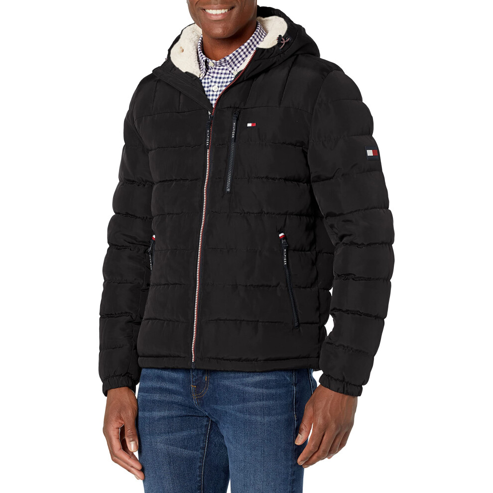 Tommy Hilfiger Men's Midweight Sherpa Lined Hooded Water Resistant Puffer Jacket  Black Tech  XX-Large