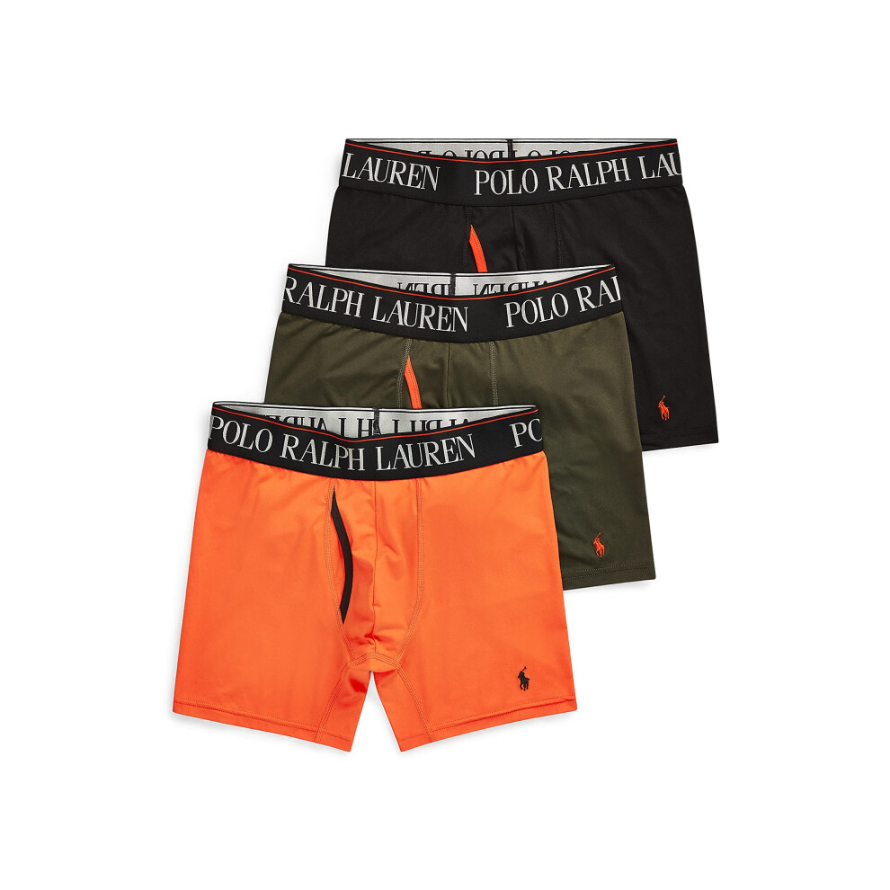 POLO Ralph Lauren Men's 4D Flex Cool Microfiber Boxer Briefs 3-Pack  Regular Leg-Active Orange Black  Company Olive/Active Orange  Black/Active Orange