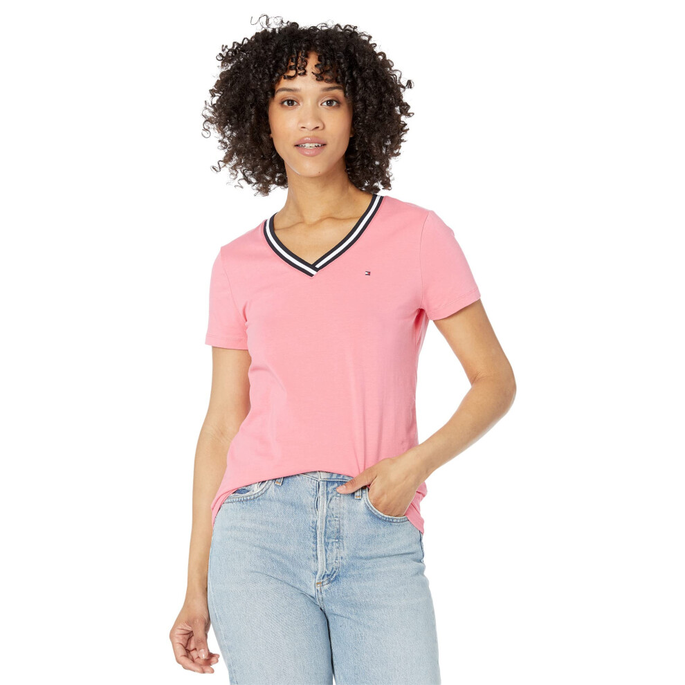 Tommy Hilfiger Women's Tapped V-Neck Flag Tee  Bubblegum  Small