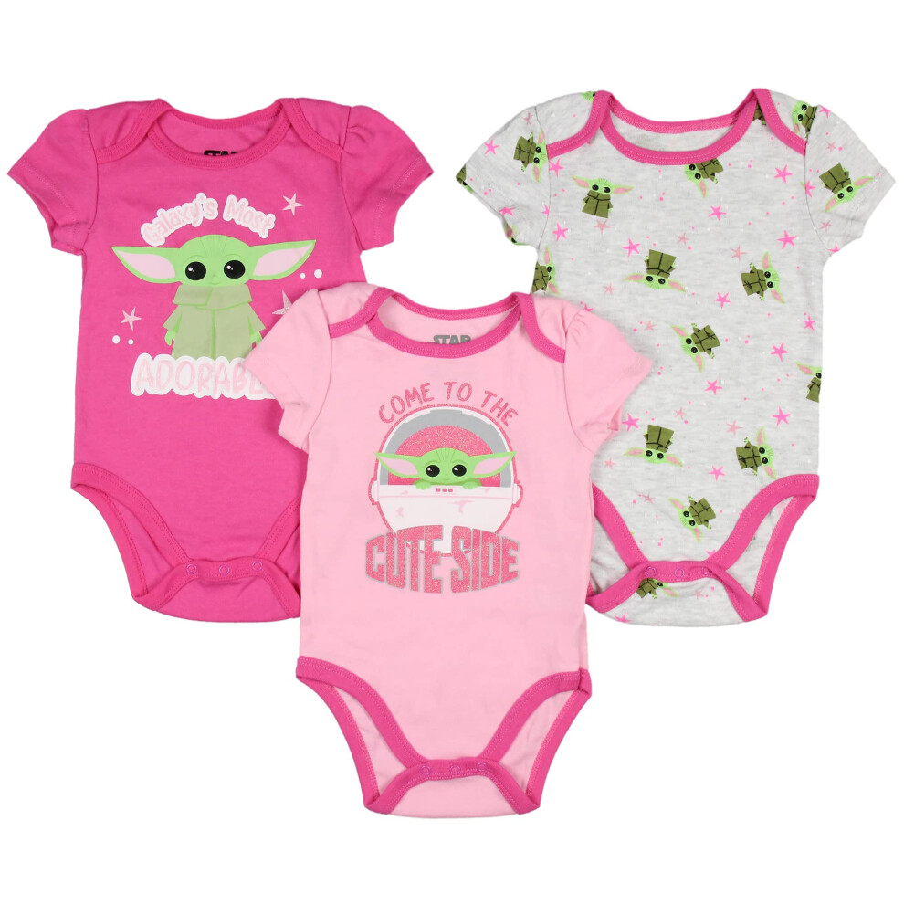 Star Wars Infant Baby Girls Come to The Cute Side Grogu Baby Yoda One Piece Pajama Romper 3 Pack (12 Months) Pink