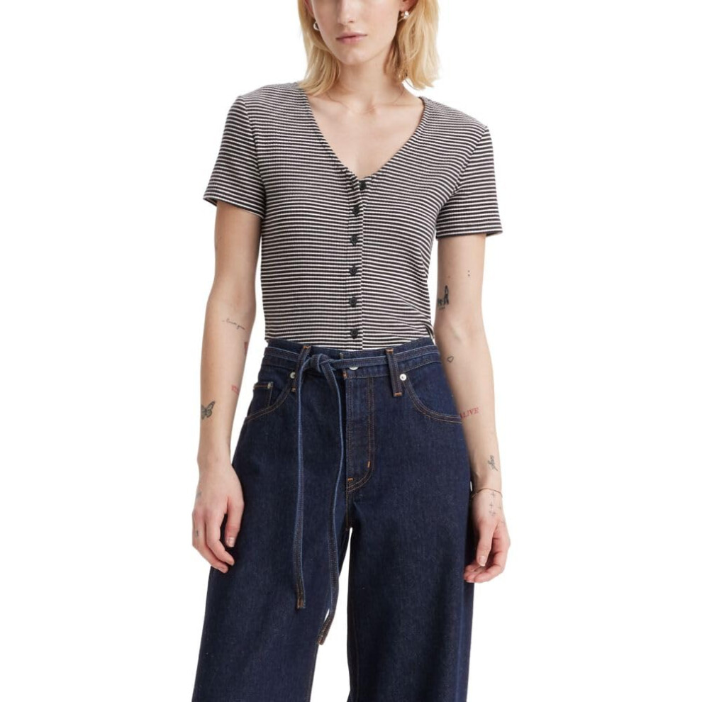 Levi's Women's Muse Short Sleeve Tee Shirt  (New) Vanilla Stripe Caviar