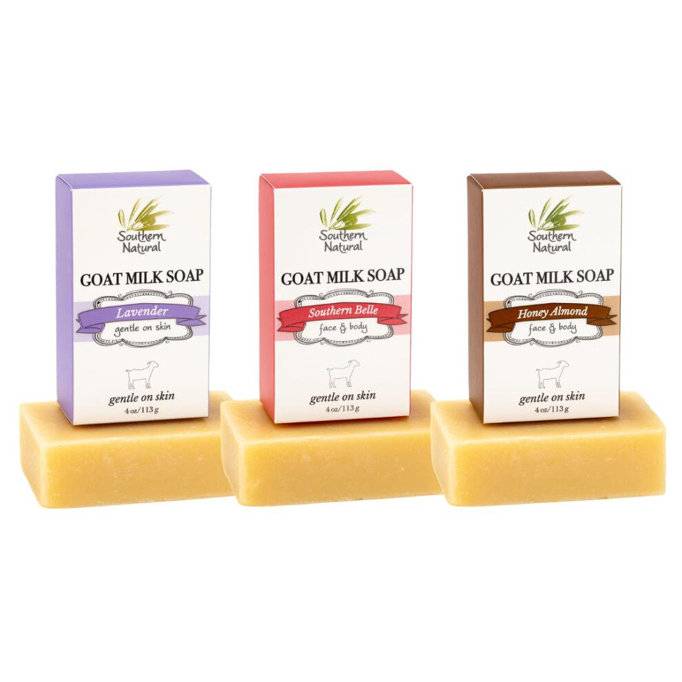Southern Natural Goat Milk Soap Bar (Variety 3 Pack) Lavender  Southern Bell  Honey Almond - For Dry Sensitive Skin. Great For Face and Body. (Each Ba