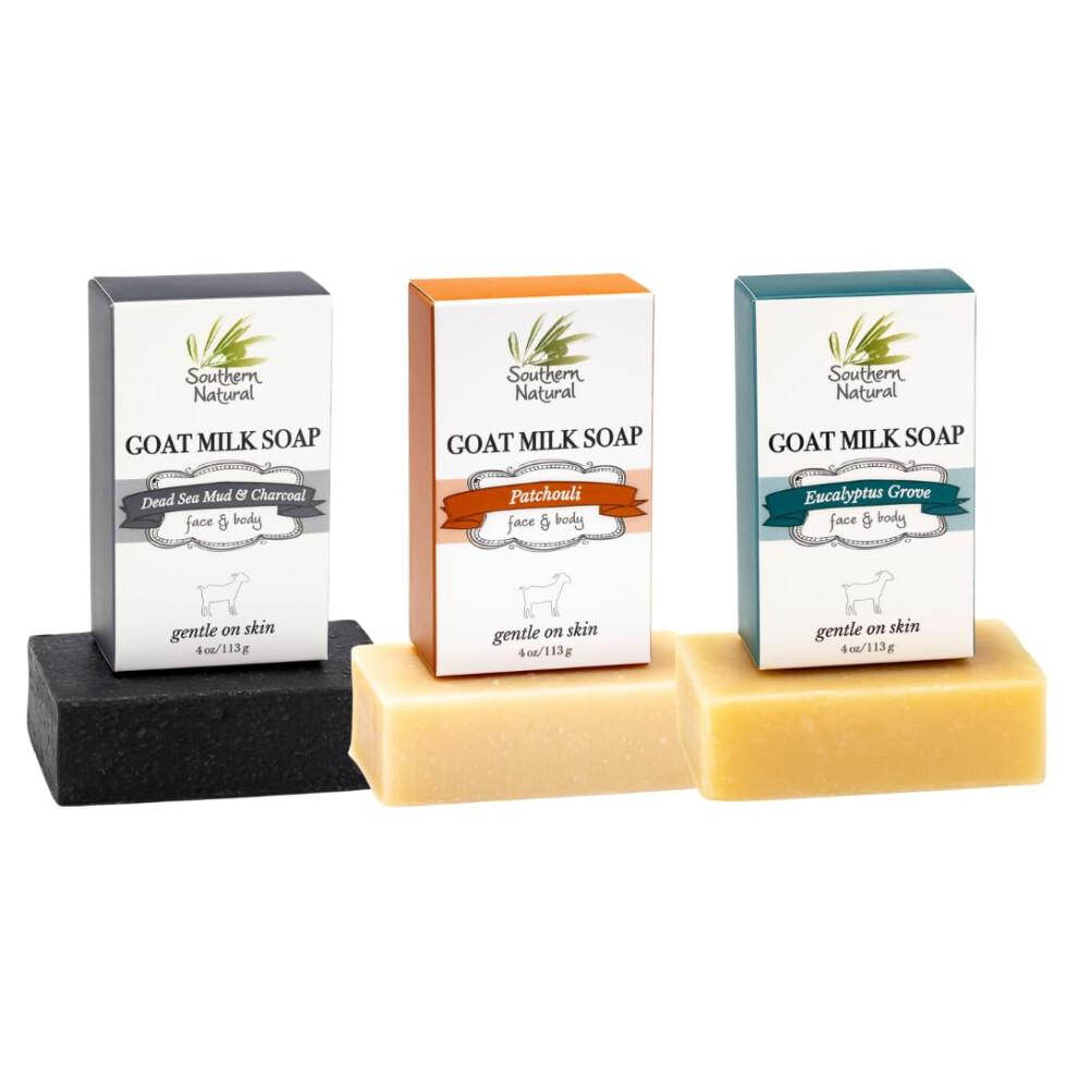 Southern Natural Goat Milk Soap Bar (Variety 3 Pack) Dead Sea Mud & Charcoal  Patchouli  Eucalyptus Grove - For Dry Sensitive Skin. Great For Face and