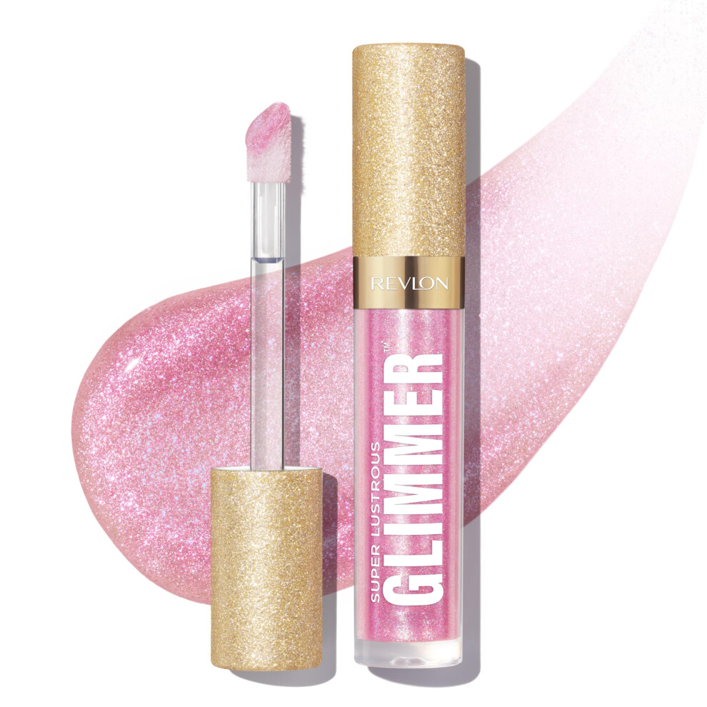 REVLON Super Lustrous Glimmer Gloss  Non-Sticky Lip Gloss  High-Shine Finish  Plant-Based Glitter  002 Pink Prisma  0.13 fl oz