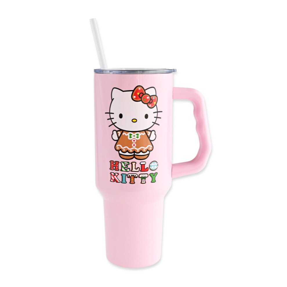 Silver Buffalo Sanrio Hello Kitty Weihnachts-Lebkuchen-Feiertagskleid, Edelstahlbecher Mit Henkel Und Strohhalm, Passt In Standard-Getr Nkehalter-image