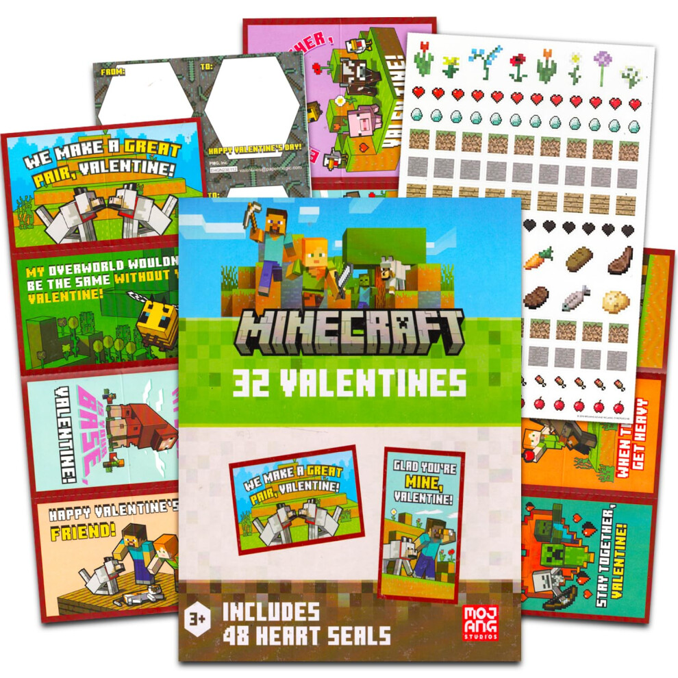 Minecraft Classroom Valentines Cards for Kids - 32pc Bundle with Minecraft Valentines Day Cards with Stickers for Boys and Girls | Minecraft Valentine