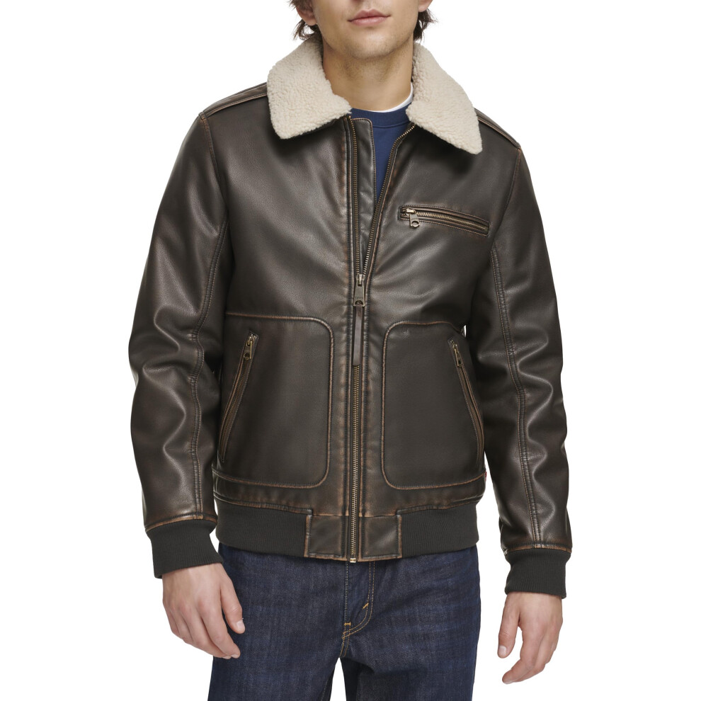 Levi's Men's Faux Leather Aviator Bomber Jacket with Sherpa Collar  Dark Brown Vintage Deer
