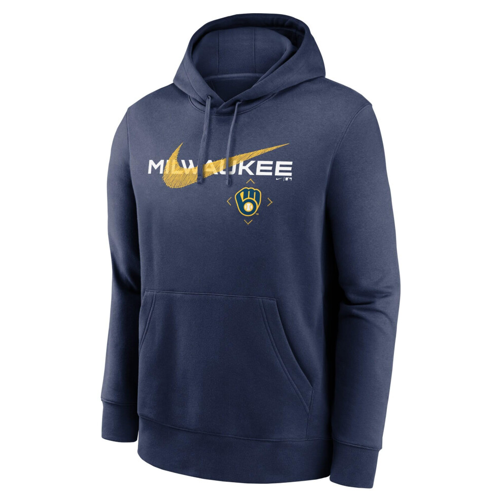 Nike Men's Swoosh Neighborhood Pullover Hoodie (US  Alpha  Large  Regular  Regular  Navy  Milwaukee Brewers)