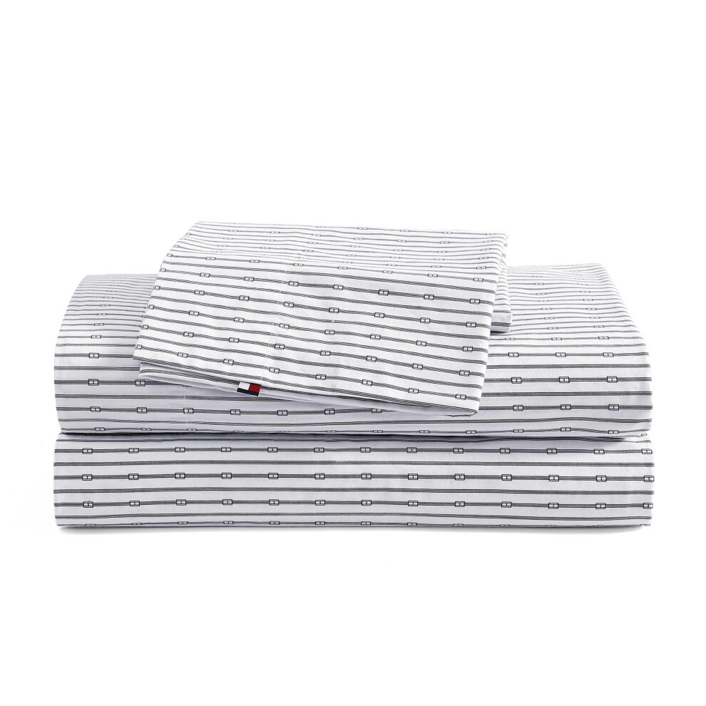 Tommy Hilfiger - Sheet Set  Cotton Percale Bedding with Matching Pillowcases  Crisp & Cool  Premium Quality Home Essentials (Monogram Stripe Navy  Kin