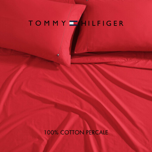Tommy Hilfiger Tommy Hilfiger - Conjunto de lenis de algodo percal com fronhas combinando Crisp & Cool Solid Home Essentials (Red King) 2