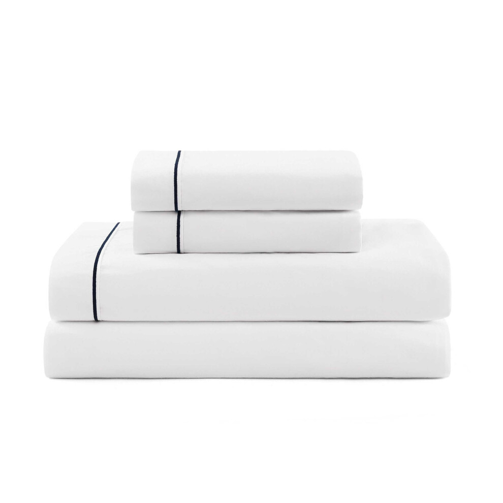 Tommy Hilfiger - Sheet Set  Cotton Percale Bedding with Matching Pillowcases  Crisp & Cool  Solid Design with Hem Stripe (White/Navy  Full)