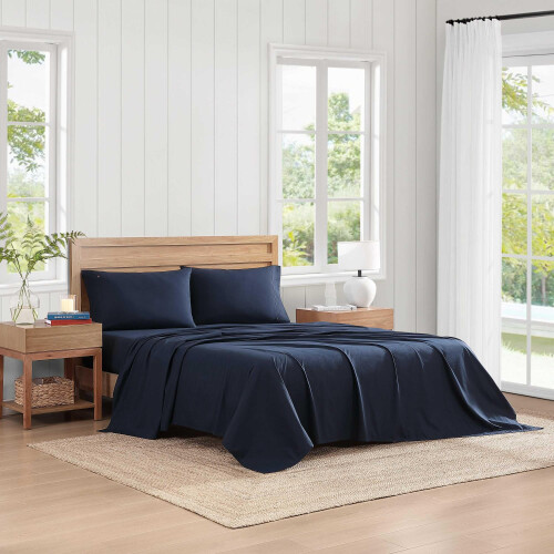 Tommy Hilfiger Tommy Hilfiger - Sheet Set Cotton Percale Bedding With Matching Pillowcases Crisp & Cool Solid Home Essentials (Navy Queen) 1