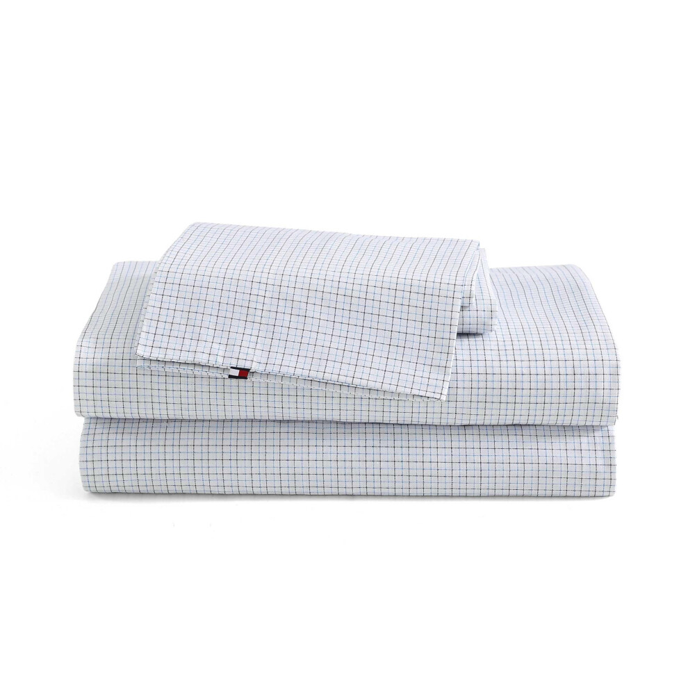 Tommy Hilfiger - Sheet Set  Cotton Percale Bedding with Matching Pillowcases  Crisp & Cool  Premium Quality Home Essentials (New England Plaid Blue  F