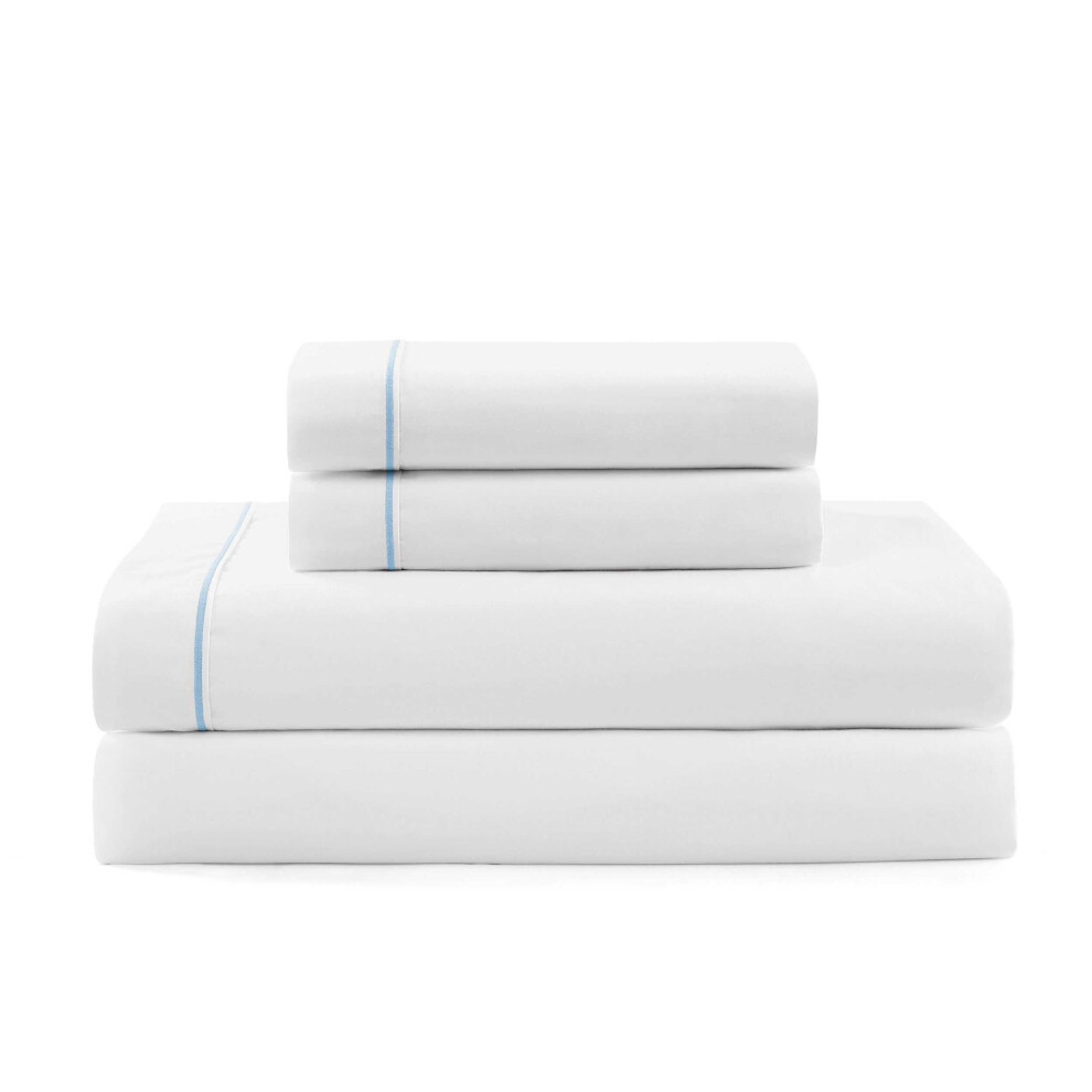 Tommy Hilfiger - Parure de lit en percale de coton avec taies d'oreiller assorties, design uni et frais avec ourlet ray    (blanc/bleu, taille doub