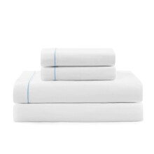 Tommy Hilfiger - Sheet Set Cotton Percale Bedding with Matching Pillowcases Crisp & Cool Solid Design with Hem Stripe (White/Blue Full)