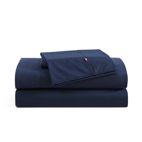 Tommy Hilfiger Tommy Hilfiger - Conjunto de lenis de algodo percal com fronha combinando Crisp & Cool Solid Home Essentials (Navy Twin)