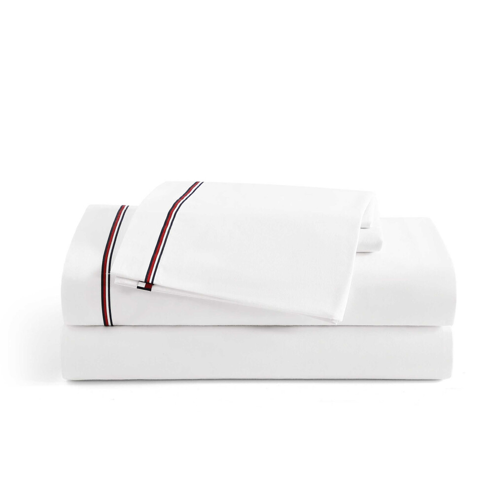 Tommy Hilfiger - Sheet Set  Cotton Percale Bedding with Matching Pillowcases  Crisp & Cool  Premium Quality Home Essentials (Global Stripe Red  Queen)