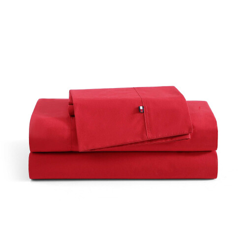 Tommy Hilfiger Tommy Hilfiger - Conjunto de lenis de algodo percal com fronhas combinando Crisp & Cool Solid Home Essentials (vermelho completo)