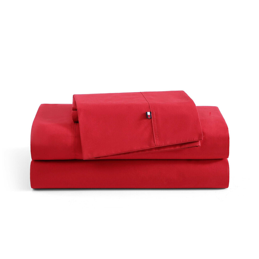 Tommy Hilfiger - Parure de lit en percale de coton avec taies d'oreiller assorties, coloris uni, pour la maison (rouge, taille double)