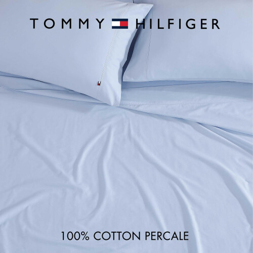 Tommy Hilfiger Tommy Hilfiger - Conjunto de lenis de algodo percal com fronhas combinando Crisp & Cool Solid Home Essentials (Azul Twin XL) 2