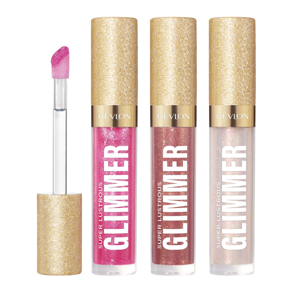 REVLON Super Lustrous Glimmer Gloss Gift Set  3-Piece  Non-Sticky Lip Makeup  Plant-Based Glitter  High-Shine Finish  008 Rose Glow  005 Glazed Almond