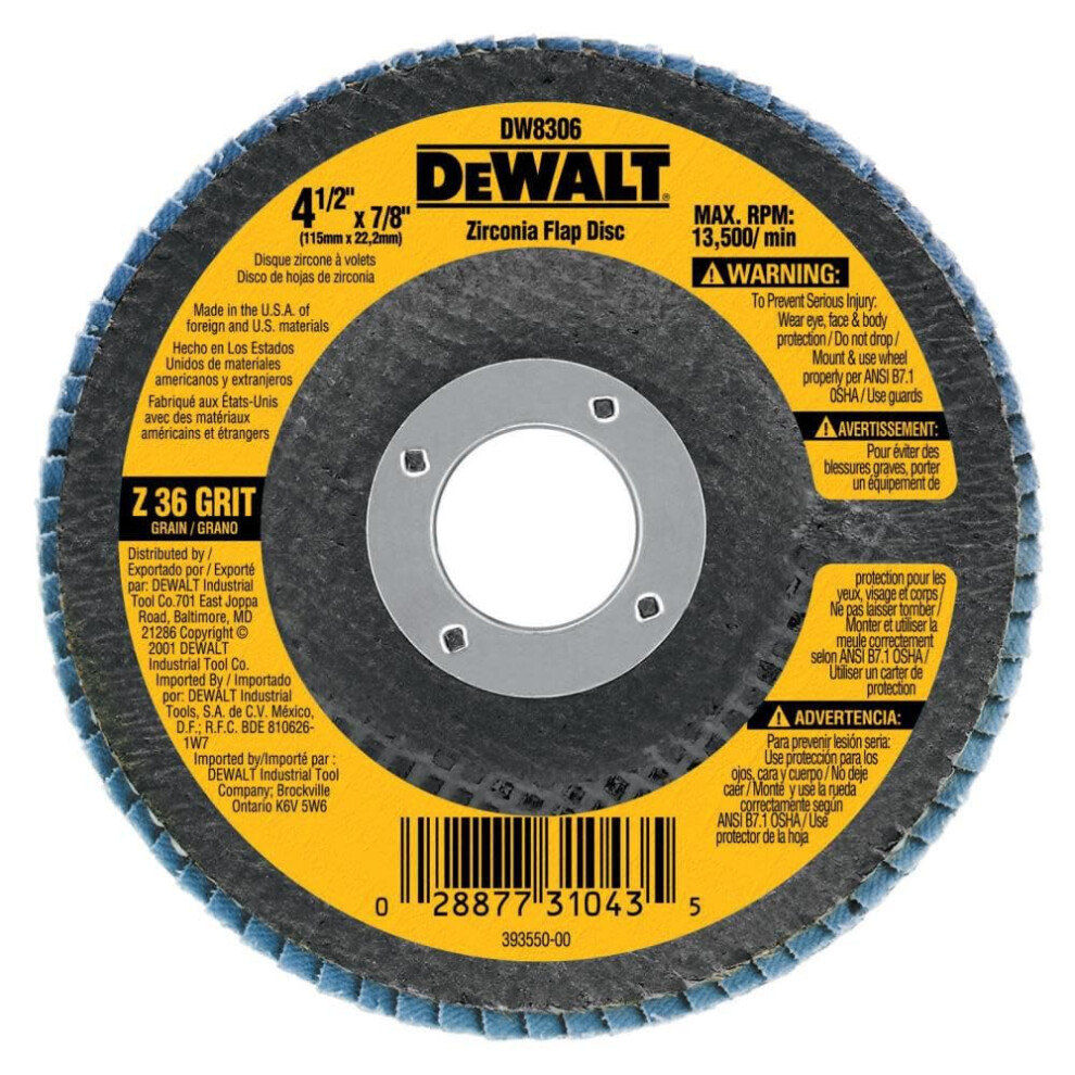 DEWALT DW8311 4-1/2-Inch by 5/8-Inch-11 36 Grit Zirconia Angle Grinder Flap Disc