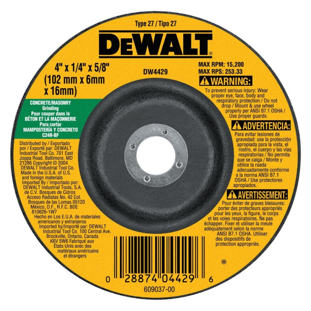 DEWALT DW4429 4-Inch by 1/4-Inch by 5/8-Inch Concrete/Masonry Grinding Wheel