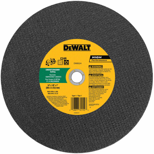 DeWalt DeWalt DW8024 Τροχός κοπής υψηλής ταχύτητας για σκυρόδεμα/τοιχοποιία 14"" x 1/8"" x 1""