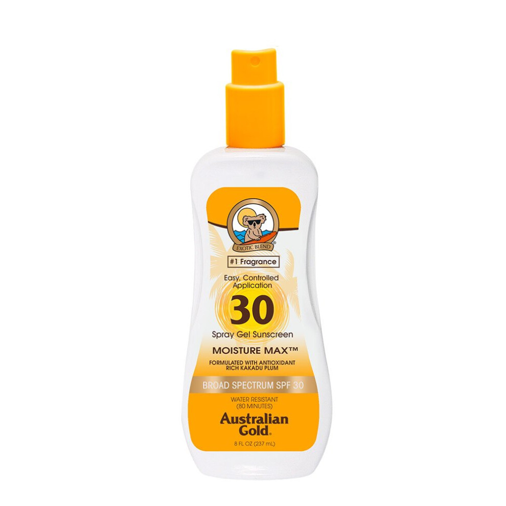 Australian Gold Spray Gel Sunscreen  SPF 30  8 Ounce | Moisture Max | Infused with Aloe Vera | Broad Spectrum | Water Resistant