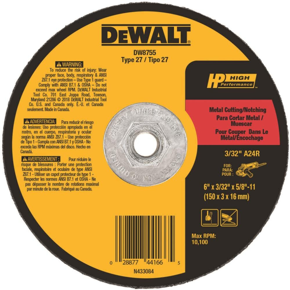 DEWALT DW8755 6-Inch by 3/32-Inch Metal Cutting and Notching Wheel  5/8-11 Arbor